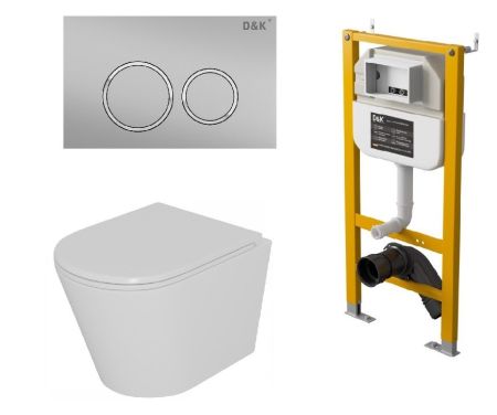 Комплект D&K Унитаз подвесной безободковый (торнадо) DT1026516, Инсталляция DI8050127, Клавиша смыва DB1529002 матовый хром (DS1021613), артикул DS1021613