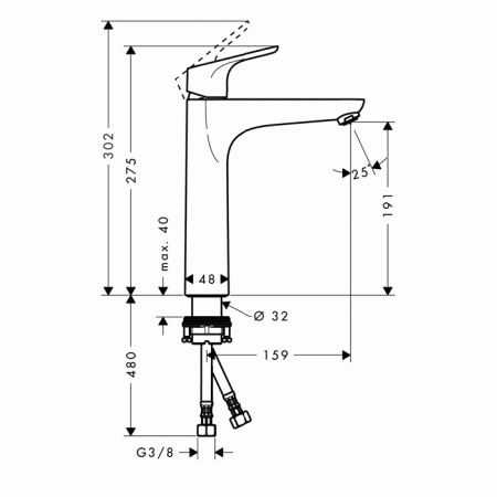 Смеситель для раковины, Hansgrohe, Focus, тип открывания воды-однорычажный, тип регулирования воды-керамический узел смешивания, высота, мм-275, вынос излива, мм-159, тип излива-неподвижный, цвет-хром, регулируемое ограничение температуры