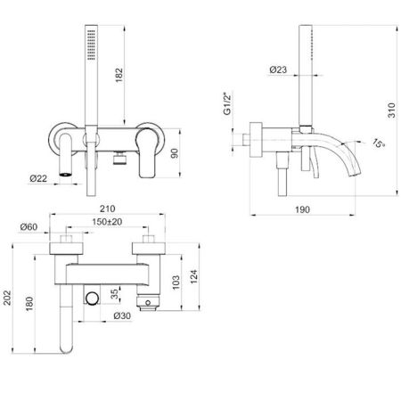Fantini AL/23 Смеситель для ванны, настенный, излив 190мм, цвет: хром, артикул 26 02 B015