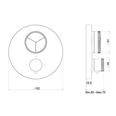 Смеситель для душа, Almar, Core, тип открывания воды-нажимной (кнопки), тип регулирования воды-термостатический картридж, монтаж-настенный встраиваемый, отверстия для монтажа-1, внутренняя часть-необходимо заказать, для 3-х потребителей, цвет-High Brass B, артикул E176633.HB