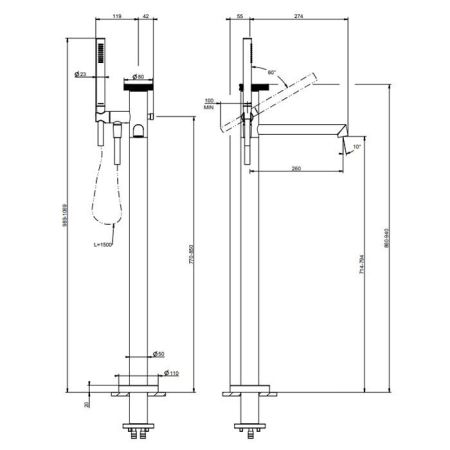 GESSI Anello Смеситель напольный для ванный, цвет Black Metal Brushed PVD(без внутренней части)