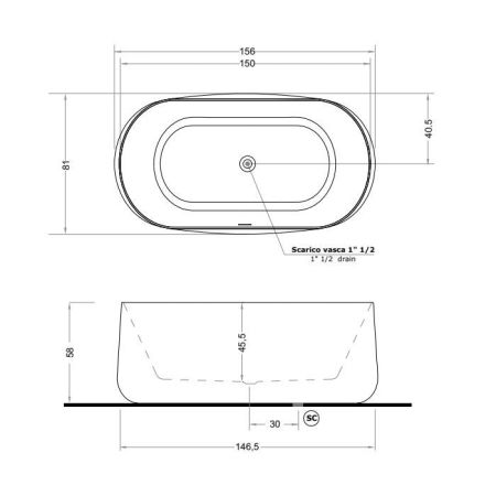 GRUPPO TREESSE CALIDA Ванна отдельностоящая акриловая 1550х800х550 мм.,c  переливом, объем 300л, сифон, цвет белый глянцевый, артикул V035BL