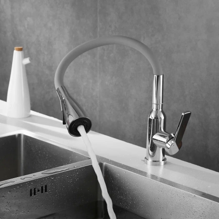 Смеситель для кухни с гибким изливом Shevanik S843-9, хром/серый