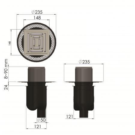 Трап BERGES водосток PLATZ Uno 150х150, матовый хром, S-сифон D50/105 H50 вертикальный, артикул 090070
