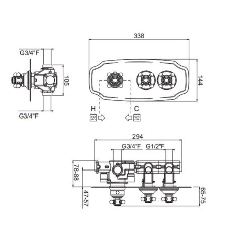 Carimali COLONIAL  Внешняя часть горизонтальная термостатического смесителя на 2 потребителя. Colonial пластина and ручки. хром, артикул 21024EST/O-CR