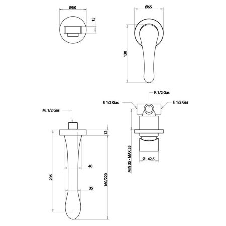 Bongio O'Clock Green Встраиваемый смеситель для раковины, излив 220 мм, цвет хром, артикул 14538CR22GR