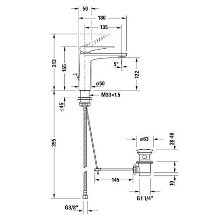 Смеситель для раковины, Duravit, Tulum, тип открывания воды-однорычажный, тип регулирования воды-керамический картридж, монтаж-на раковину/столешницу, отверстия для монтажа-1, высота, мм-165, вынос излива, мм-135, тип излива-неподвижный, донный клапан-ест, артикул TU1020001010