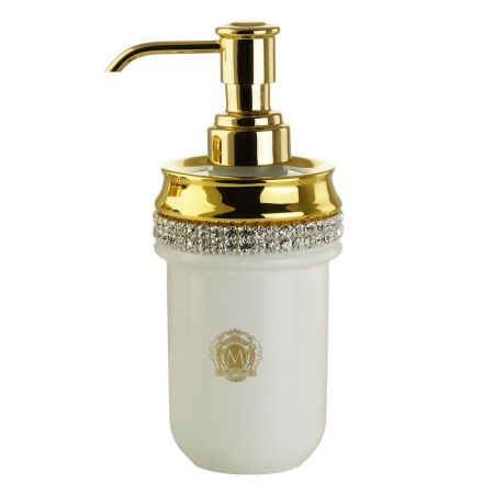 DUBAI Дозатор настенный (без держателя), керамика белая/swarovski/декор золото/золото, артикул 28484