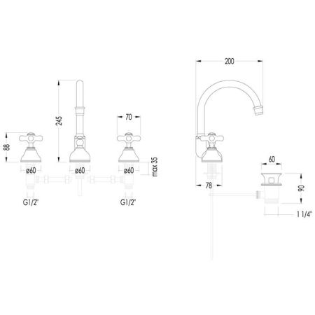 Devon City Смеситель для раковины высокий  на 3 отв. с донным клапаном, цвет: хром