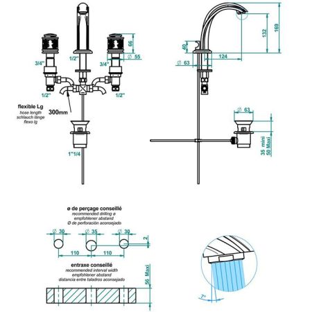 THG ANGE Смеситель для раковины на 3 отверстия, с донным клапаном, цвет хром, артикул A2G-A02-151