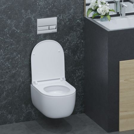 Комплект BERGES для монтажа  подвесного унитаза: инсталляция NOVUM525, кнопка L3 хром глянец, унитаз EGO Rimless, сидение дюропласт  Toma Slim SO, микролифт, быстросьем, артикул 047213