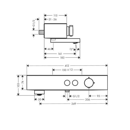 Смеситель для ванны и душа, Hansgrohe, ShowerTablet Select, на 2 потребителя, CoolContact-предотвращает нагрев корпуса, тип открывания воды-нажимной (кнопка Select включения / выключения), тип регулирования воды-термостатический картридж, монтаж-настенный, артикул 24340700