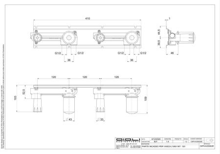Oioli, внутренняя часть к встраиваемому в стену смесителю для ванны на 4 отверстия