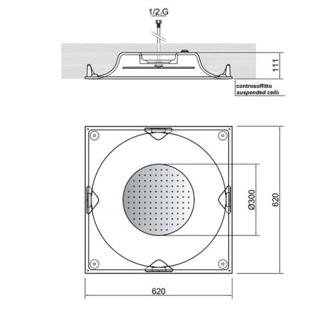 ANTONIO LUPI METEO IN Верхний душ 620х620х110мм, встраиваем в потолок, с подсветкой, дистанцион пультом и трансформатором, сатиниров нержавеющая сталь, артикул METEO_INL