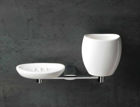 Stil Haus Aria, настенная белая керамическая мыльница и стакан на одном держателе, цвет хром, артикул AR14(08-BI)