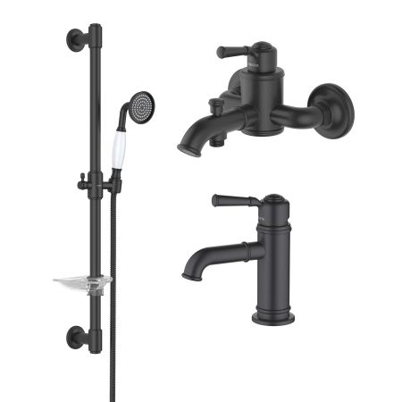 AQ1510MB КЛАССИК смеситель для раковины 72, без донного клапана, матовый черный + AQ1540MB КЛАССИК смеситель для ванны, матовый черный + AQ2020MB КЛАССИК душевой гарнитур 1jet 65 см, матовый черный, артикул AQ1530MB