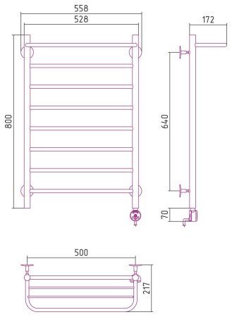Электрический полотенцесушитель СТИЛЬЕ "Формат 20 ТП" 800х500 (Полка + 7) П16 (Без покрытия), артикул 00520-8050