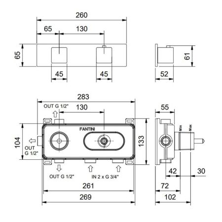 FANTINI MINT Смеситель для душа встраиваемый, термостатический, с переключателем на 3 положения, внешняя часть, цвет матовая натуральная сталь, артикул 34 93 F473B
