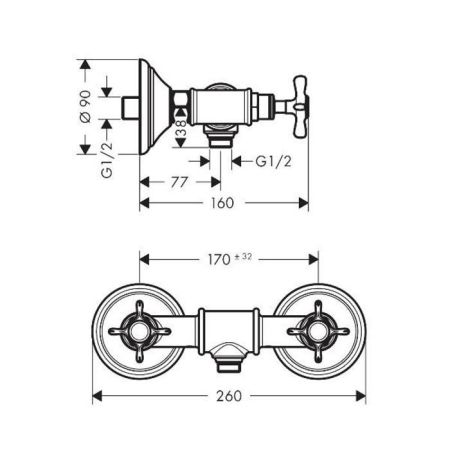 AX Montreux Смеситель для душа, с двумя рукоятками, настенный, цвет: хром