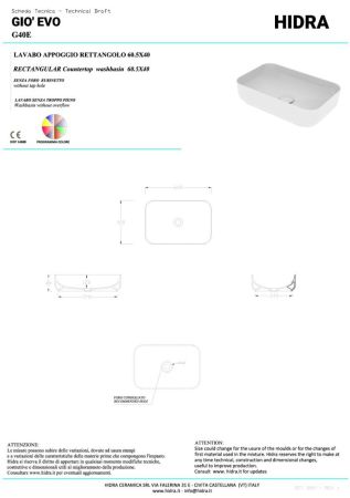 Hidra Gio, накладная прямоугольная раковина с закругленными краями 60,5x40x15h см, цвет белый глянцевый, артикул G40E/001