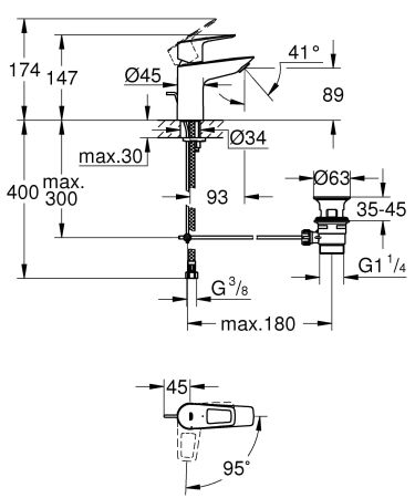 Смеситель для раковины GROHE BauLoop с рычажным донным клапаном, размер S, хром (22054001), артикул 22054001