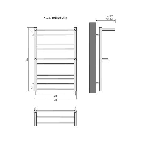 Полотенцесушитель водяной Aquatek (Акватек) Альфа П10 500х800 мм, с полкой, подключение нижнее/диагональное, сверхпрочная пищевая нержавеющая сталь AISI 304L, гарантия 10 лет, артикул AQ RRP1080CH
