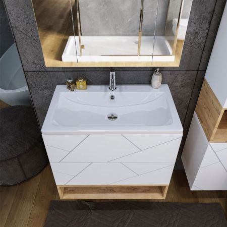 Тумба с раковиной и нишей Бриклаер КРИСТАЛЛ 80B, белый/дуб бунратти, артикул КРИСТАЛЛ 80B