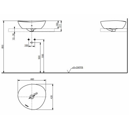 TOTO VESSEL TA Раковина460x420x177мм, ассиметричная чаша, без отв.под смеситель, с переливом, CeFiONtect, цвет:  белый глянец