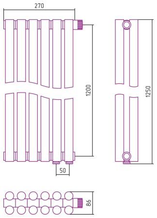 Отопительный радиатор ЭСТЕТ-11 н/ж EU50 1200х270 / 6 сек (Матовый БЕЛЫЙ), артикул 30-0312-1206