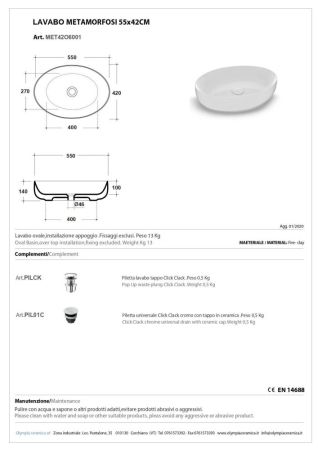 Olympia Metamorfosi, накладная овальная раковина 55x42xh14 см, с донным клапаном, цвет белый глянцевый