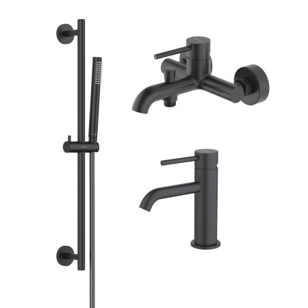 AQ1310MB ЕВРОПА смеситель для раковины 89, без донного клапана, матовый черный + AQ1340MB ЕВРОПА смеситель для ванны, матовый черный + AQ2012MB ЕВРОПА душевой гарнитур 1jet 65 см, матовый черный, артикул AQ1330MB