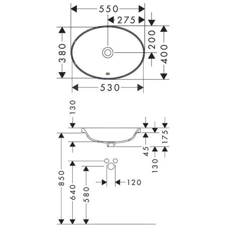 Раковина, Hansgrohe, Xuniva D, ширина, мм-550, глубина, мм-400, высота, мм-175, тип установки-встраиваемый, отверстия для смесителя-отсутствуют, с переливом, материал-керамика, цвет-белый, артикул 60156450