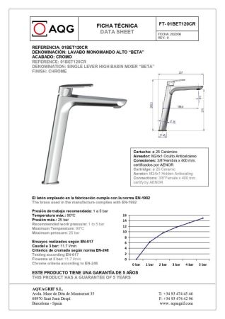 AQG Beta, высокий однорычажный смеситель для раковины без донного клапана, цвет хром, артикул 01BET120CR