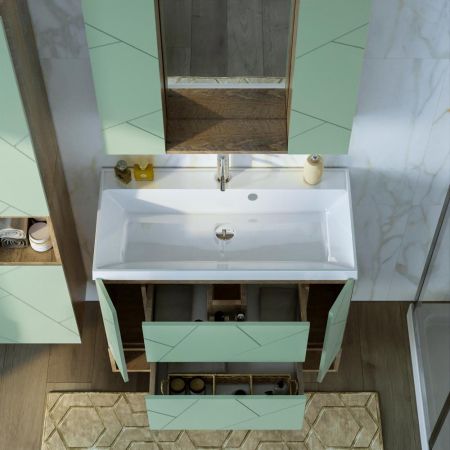 Тумба с раковиной и нишей Бриклаер КРИСТАЛЛ 90F, фисташковый/дуб гранж песочный, артикул КРИСТАЛЛ 90F