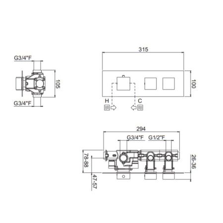 Carimali ILQUADRO Внешняя часть горизонтальная термостатического смесителя на 2 потребителя. Квадратная пластина и ручки. хром, артикул 21020EST/O-CR