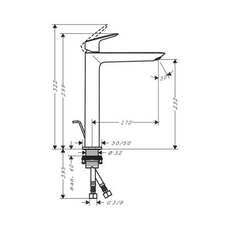 Смеситель для раковины, Hansgrohe, Logis, тип открывания воды-однорычажный, тип регулирования воды-керамический картридж, монтаж-на раковину/столешницу. отверстия для монтажа-1, высота, мм-299, вынос излива, мм-172, донный клапан-есть, тип подводки-гибкая, артикул 71257670
