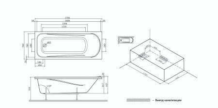 W75A-170-070W-KL Sense Ванна 170x70, каркас, слив-перелив, комплект W75A-170-070W-KL Sense Ванна 170x70, каркас, слив-перелив, комплект