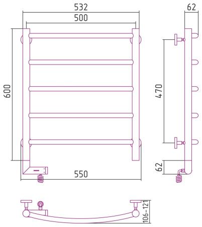 Полотенцесушитель электрический "ГАЛАНТ 2.0" 600х500 / МЭМ левый (Матовый Чёрный)