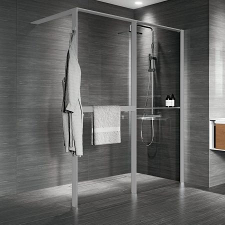 NOVELLINI KUADRA HWZ2 Душевое ограждение 1740-1770х2000 мм., с свободным входом, правое, с полотенцедержателем и полкой, стекло прозрачн, проф Silver
