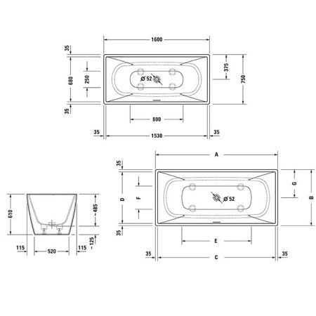 Duravit Vitrium Ванна прямоугольная  отдельностоящая 1600x750мм, с ножками, с2 наклонами для спины, цвет светло-серый матовый