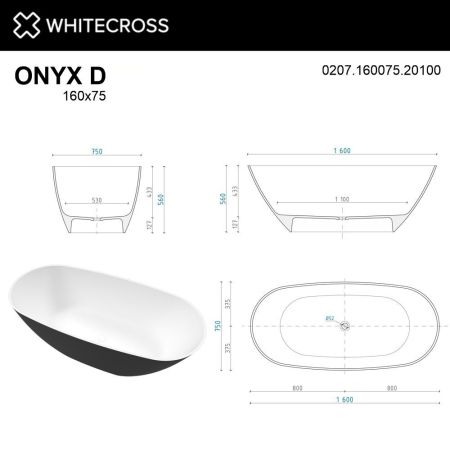 Ванна WHITECROSS Onyx D 160x75 (черный/белый мат) иск. камень, артикул 0207.160075.20100