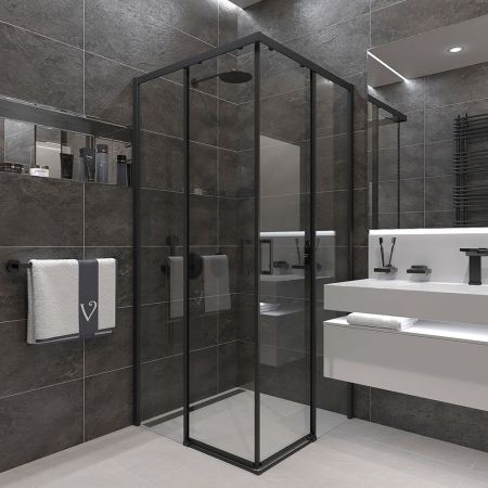 Душевой угол Veconi Rovigo RV-47B, 1000x1000x1950, черный, стекло прозрачное, артикул RV47B-100-01-C4