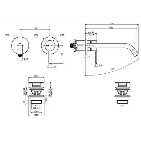 Смеситель для раковины, Fima Carlo Frattini, Snap, тип открывания воды-однорычажный, тип регулирования воды-керамический картридж, монтаж-настенный встраиваемый, отверстия для монтажа-2, вынос излива, мм-208, тип излива-неподвижный, донный клапан-есть (cl