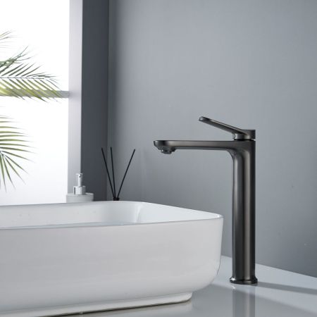 Смеситель для раковины высокий Shevanik S4311T, оружейная сталь, артикул S4311T