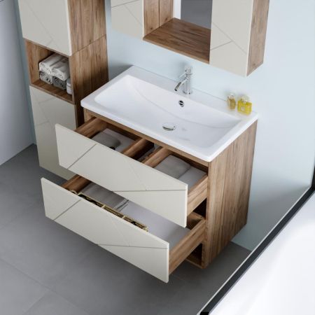 Комплект мебели для ванной Бриклаер КРИСТАЛЛ 80ZSSL, латте/дуб крафт табачный, артикул КРИСТАЛЛ 80ZSSL