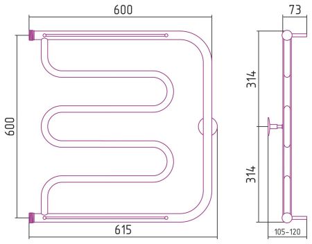 Полотенцесушитель "СТИЛЬЕ" ТАНДЕМ 2П 600х600 резьба-сгон 1" (Без покрытия), артикул 00016-6060