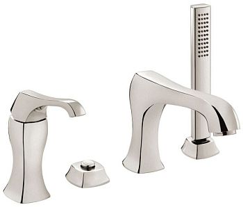 Emmevi Ares, комплект смесителя на борт ванны на 4 отверстия (излив 19,2 см), с набором для душа, цвет брашированный никель