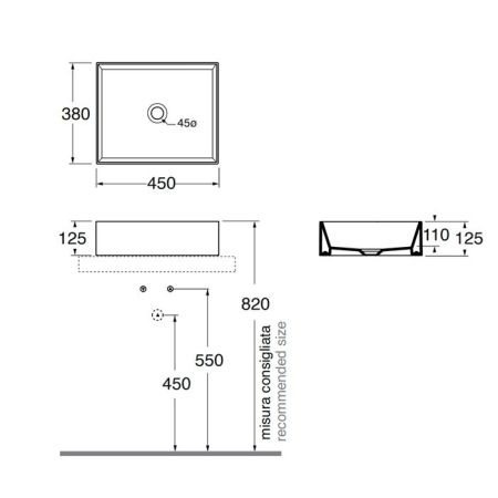 AZZURRA ELEGANCE Squared раковина подвесная/накладная 45х38х15 см без отв. под смеситель , цвет CENERE