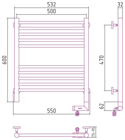 Полотенцесушитель электрический "БОГЕМА 2.0" прямая 600х500 / МЭМ правый (Матовый Чёрный), артикул 31-5205-6050