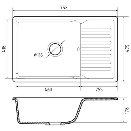 Кухонная мойка GranFest QUARZ 72, черный, артикул 72 черный